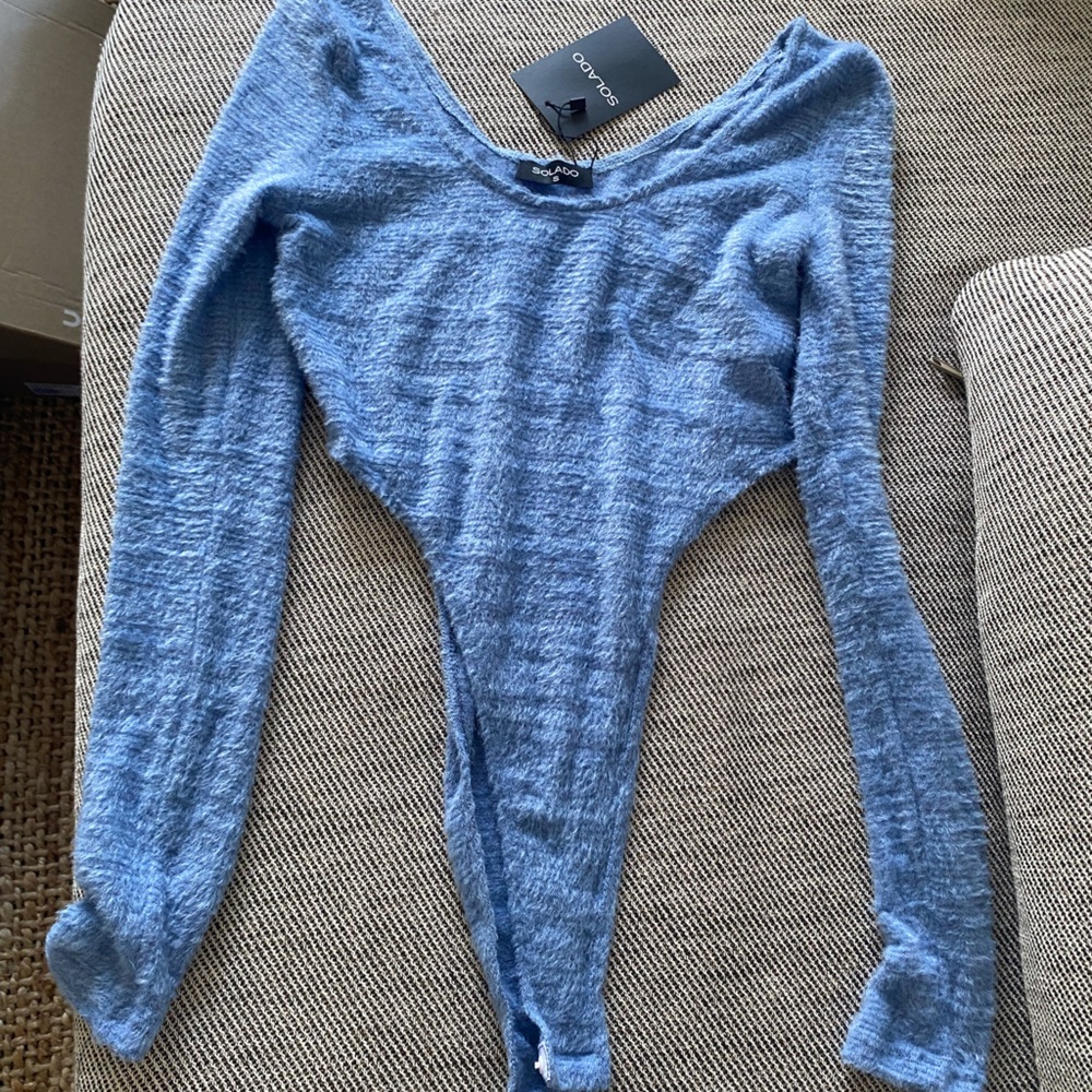 Blue fluffy bodysuit high cut baby blue size small